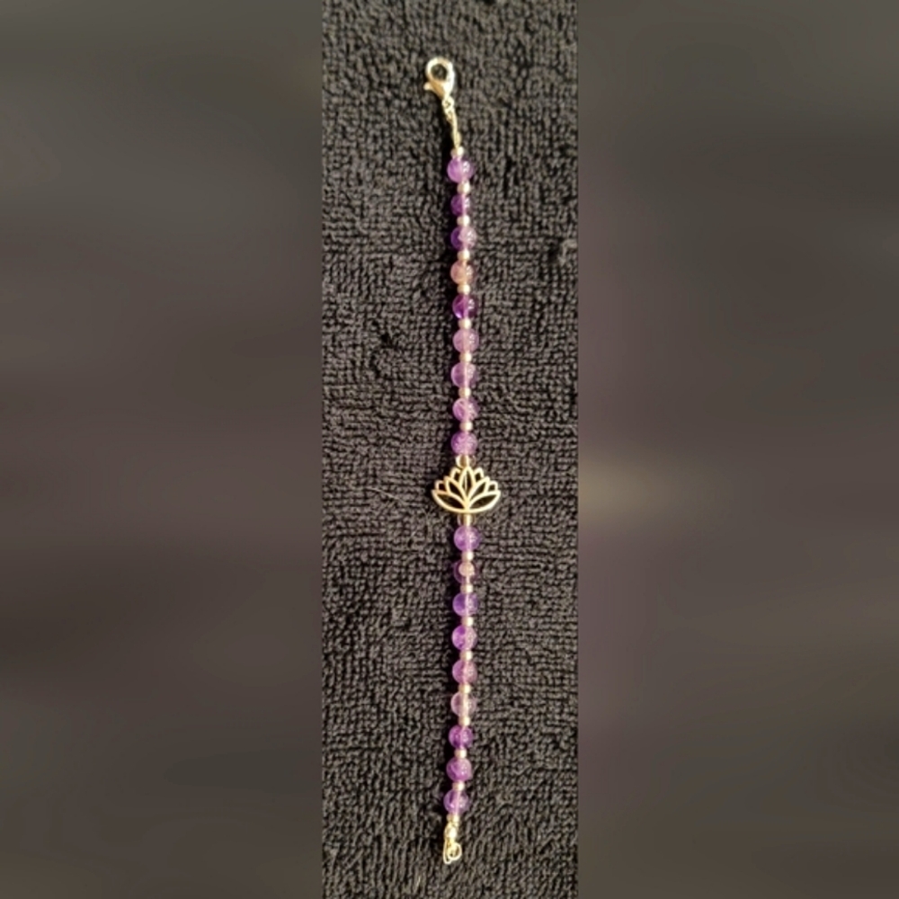Amethyst Beaded Bracelet with Silver Lotus Charm